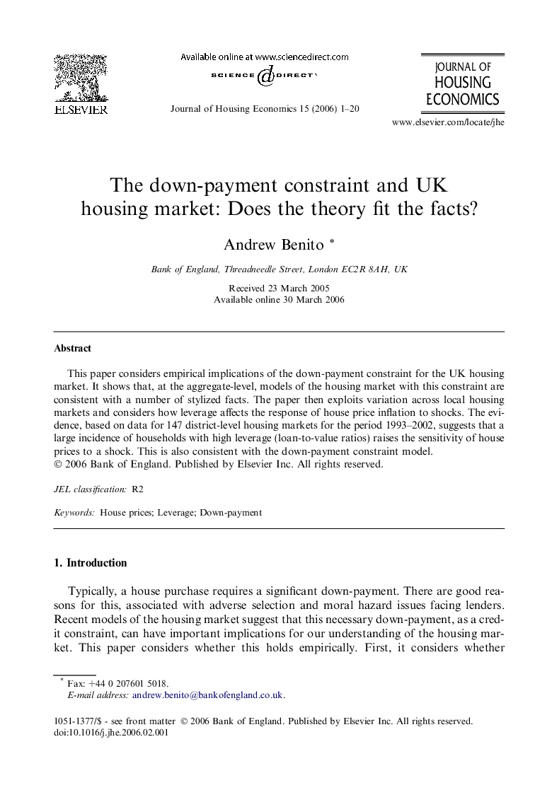 The down-payment constraint and UK housing market: Does the theory fit the facts?