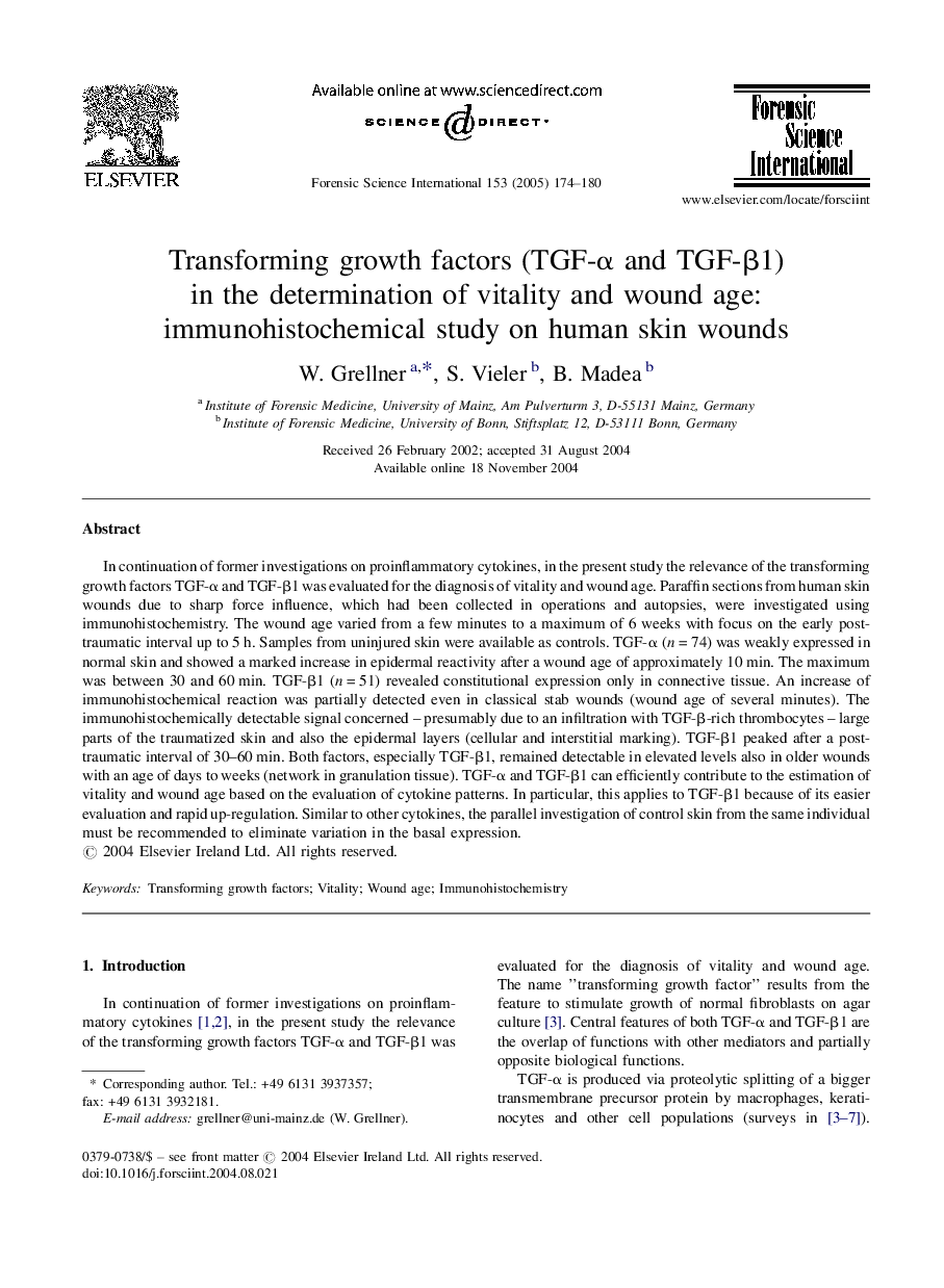 Transforming growth factors (TGF-Î± and TGF-Î²1) in the determination of vitality and wound age: immunohistochemical study on human skin wounds