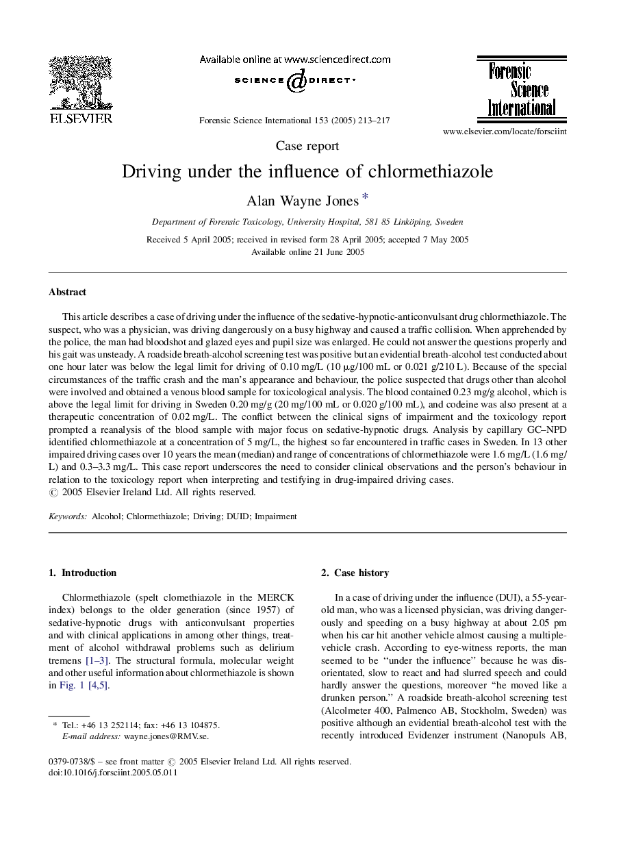 Driving under the influence of chlormethiazole