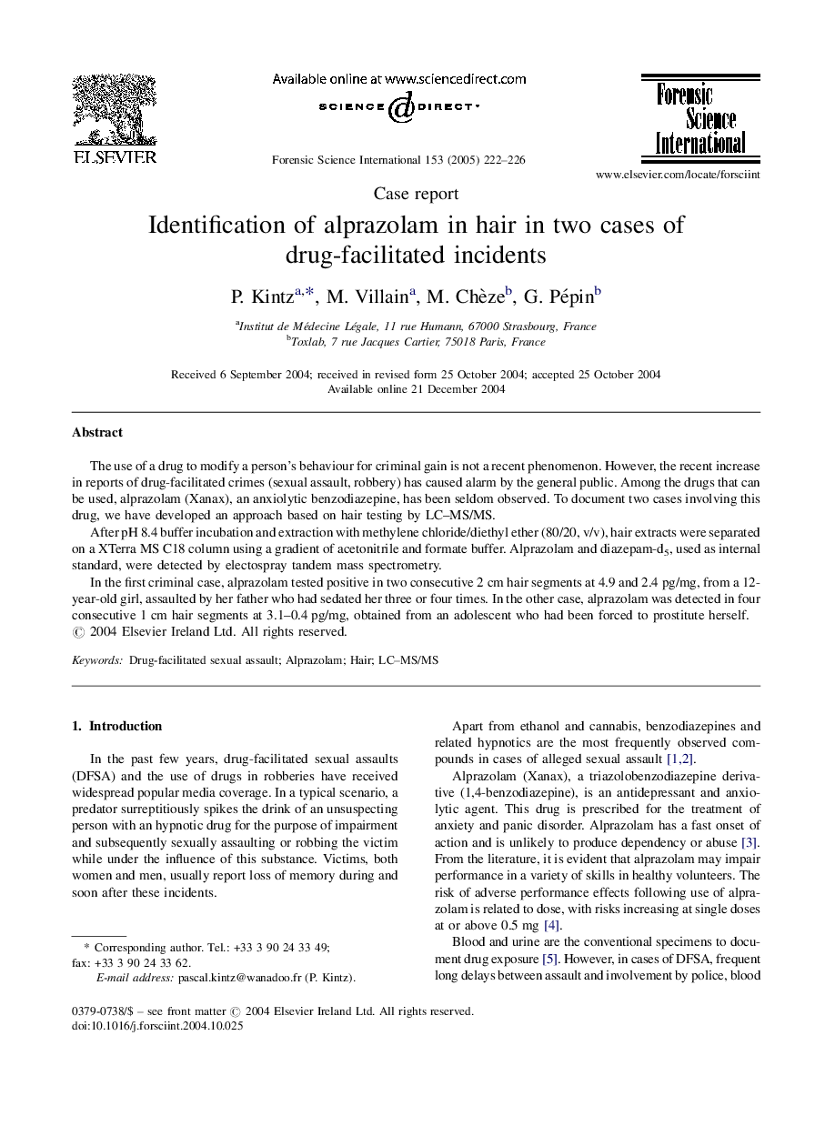 Identification of alprazolam in hair in two cases of drug-facilitated incidents