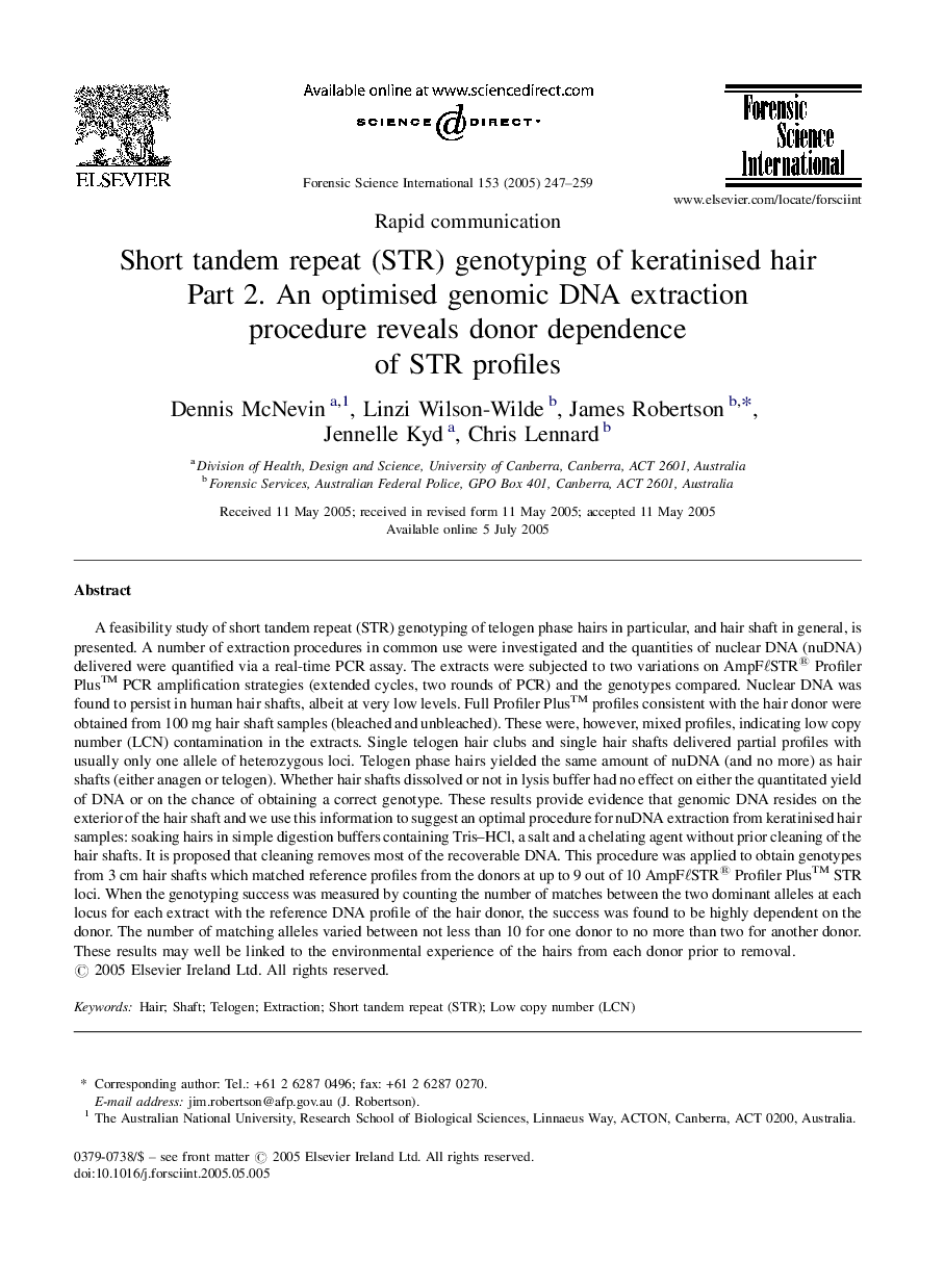 Short tandem repeat (STR) genotyping of keratinised hair Part 2. An optimised genomic DNA extraction procedure reveals donor dependence of STR profiles