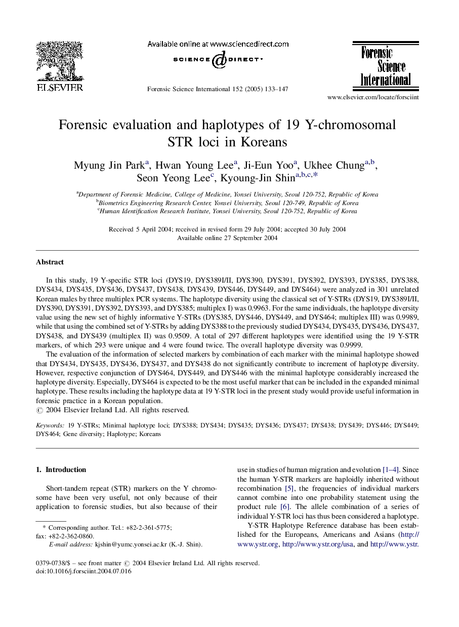 Forensic evaluation and haplotypes of 19 Y-chromosomal STR loci in Koreans