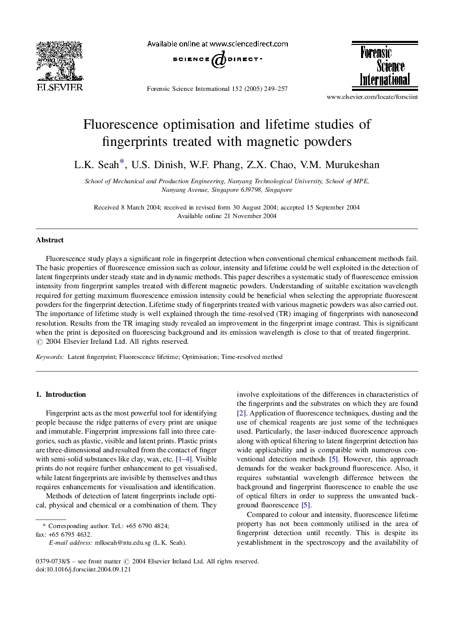 Fluorescence optimisation and lifetime studies of fingerprints treated with magnetic powders