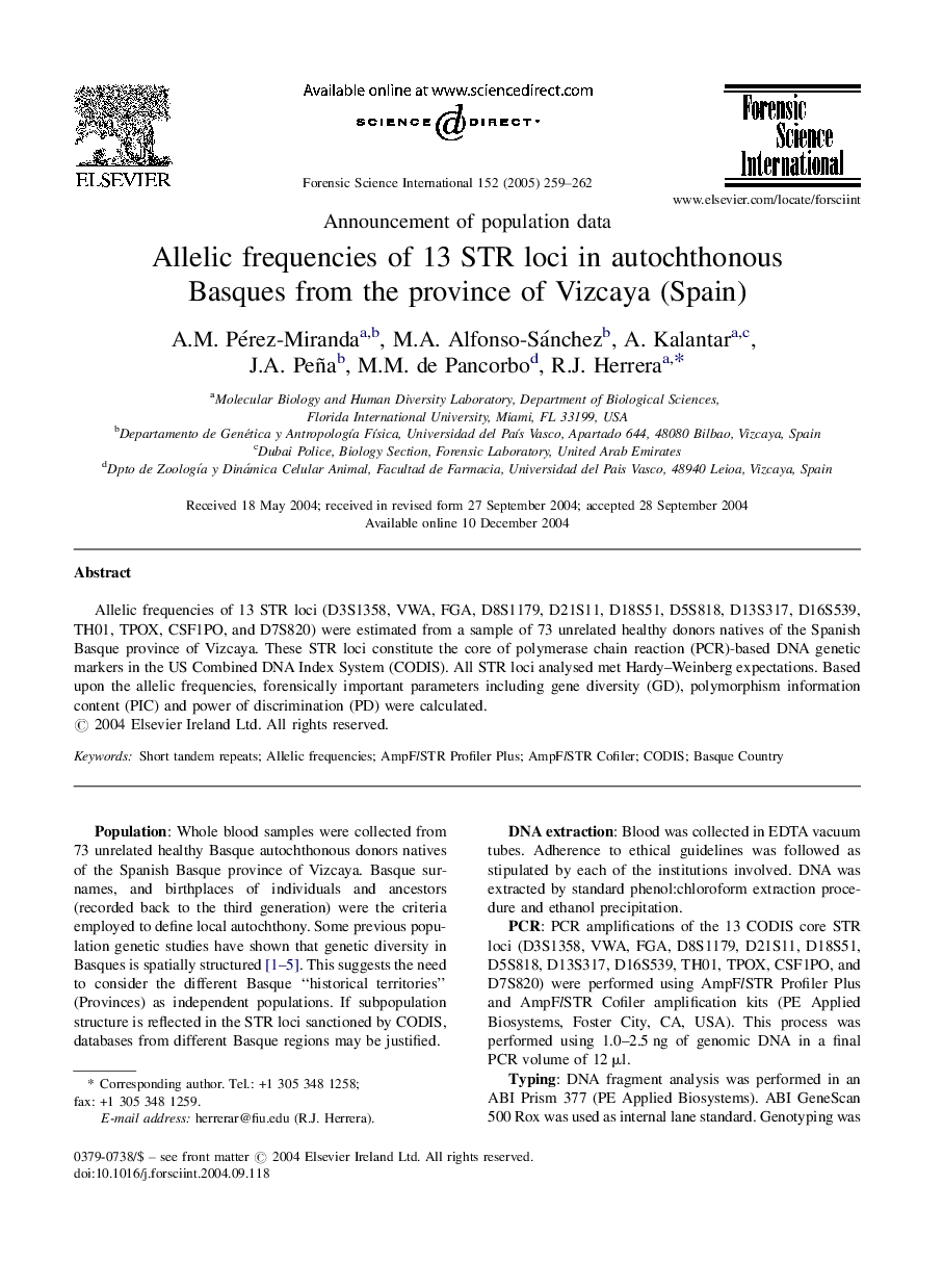 Allelic frequencies of 13 STR loci in autochthonous Basques from the province of Vizcaya (Spain)