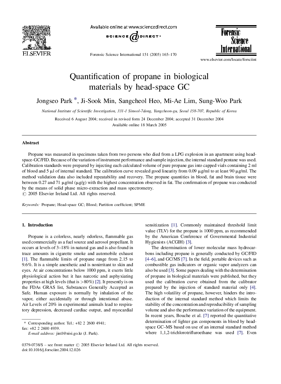 عکس صفحه اول مقاله: Quantification of propane in biological materials by head-space GC Quantification of propane in biological materials by head-space GC