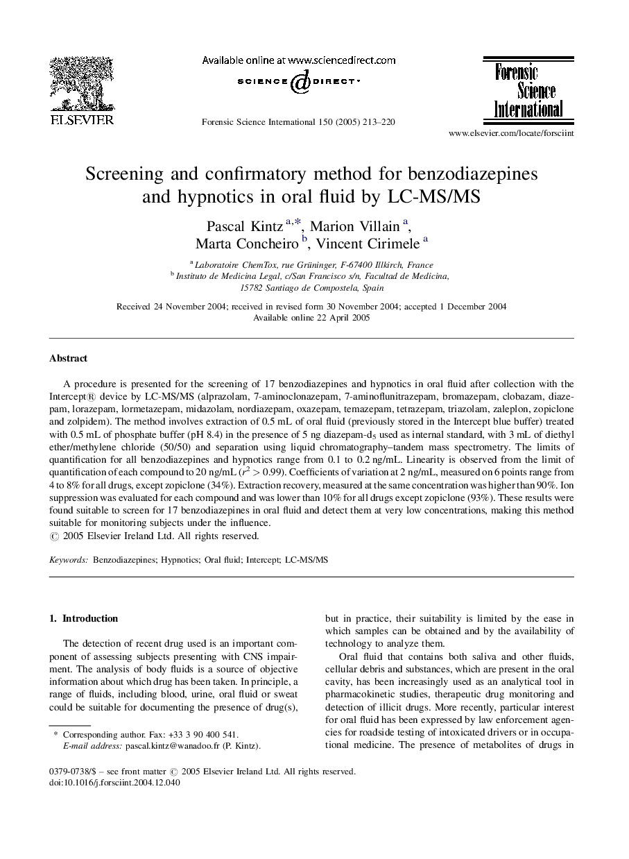 Screening and confirmatory method for benzodiazepines and hypnotics in oral fluid by LC-MS/MS