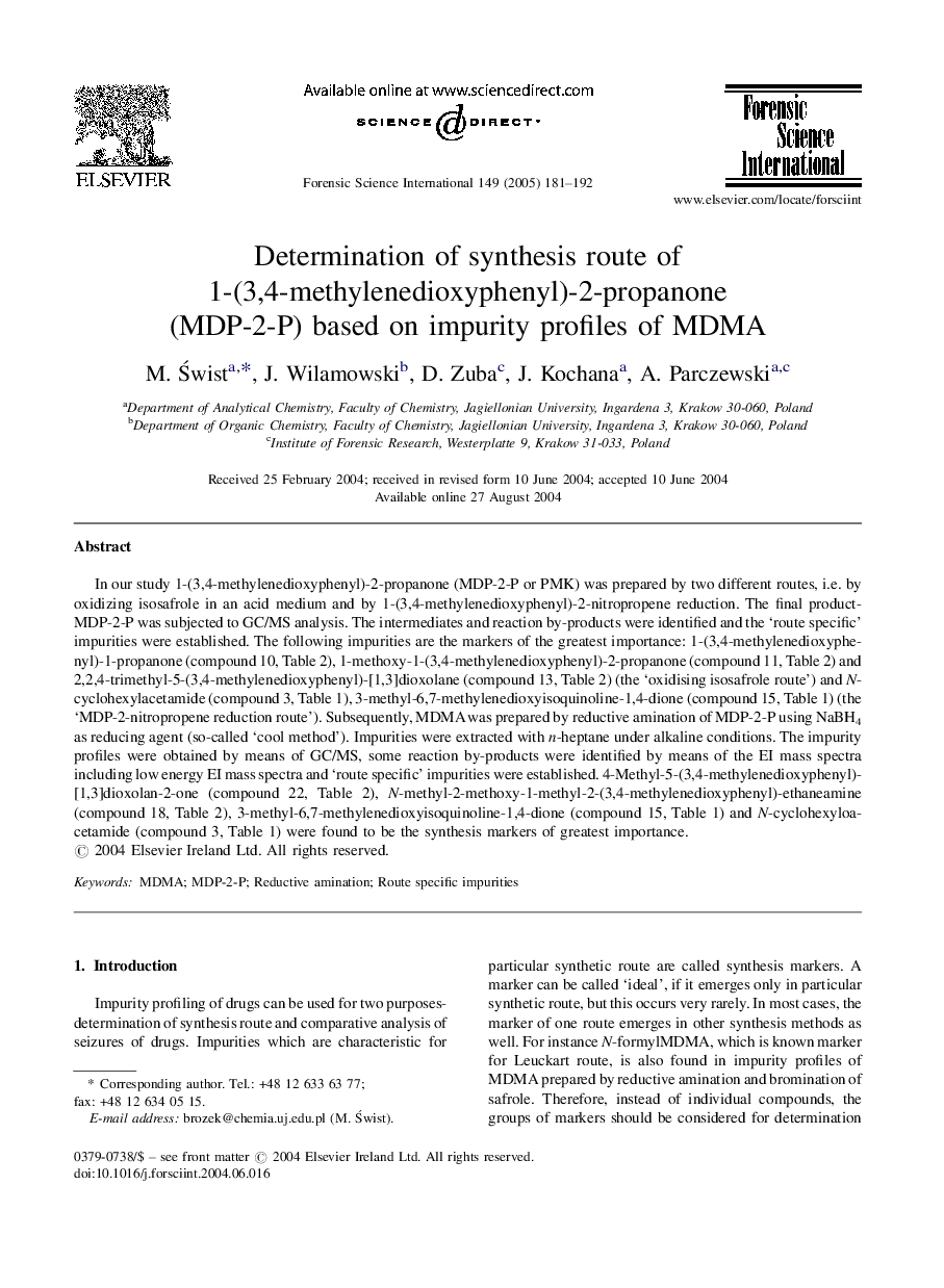 Determination of synthesis route of 1-(3,4-methylenedioxyphenyl)-2-propanone (MDP-2-P) based on impurity profiles of MDMA