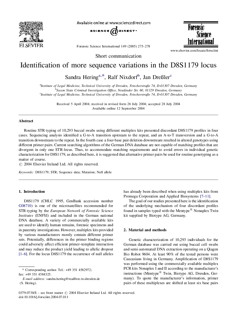 عکس صفحه اول مقاله: Identification of more sequence variations in the D8S1179 locus Identification of more sequence variations in the D8S1179 locus