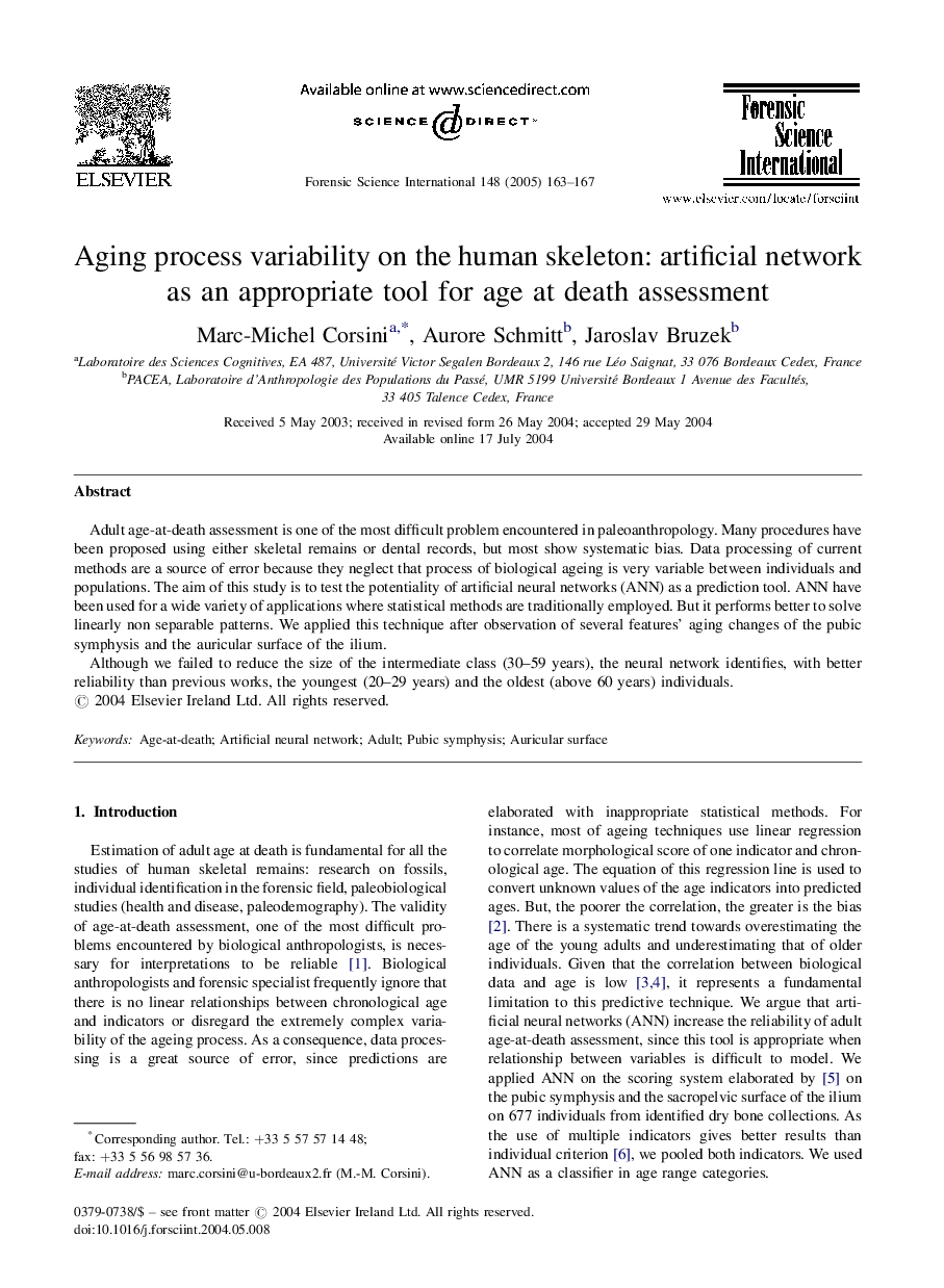 Aging process variability on the human skeleton: artificial network as an appropriate tool for age at death assessment