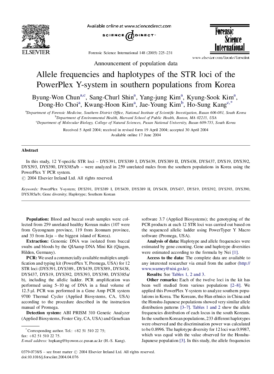 Allele frequencies and haplotypes of the STR loci of the PowerPlex Y-system in southern populations from Korea