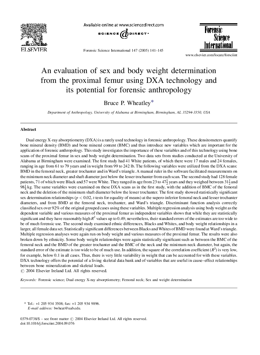 An evaluation of sex and body weight determination from the proximal femur using DXA technology and its potential for forensic anthropology