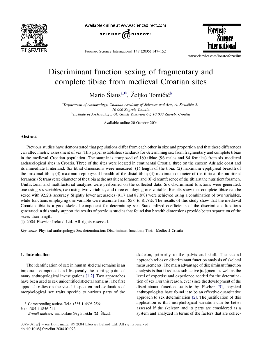 Discriminant function sexing of fragmentary and complete tibiae from medieval Croatian sites