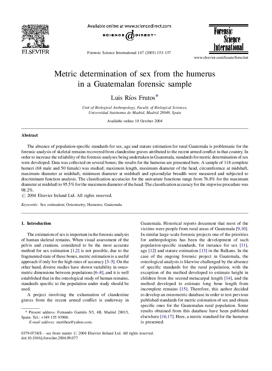 Metric determination of sex from the humerus in a Guatemalan forensic sample