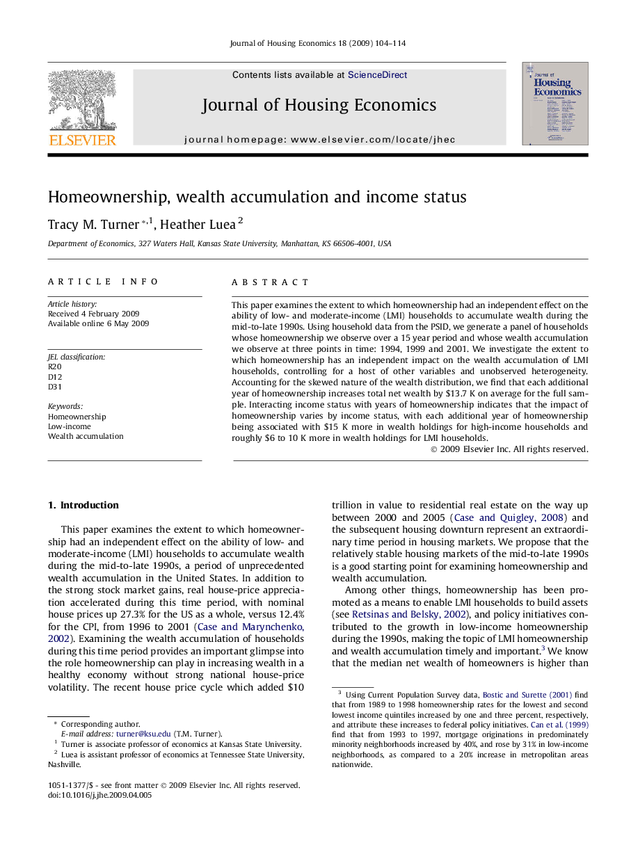 Homeownership, wealth accumulation and income status