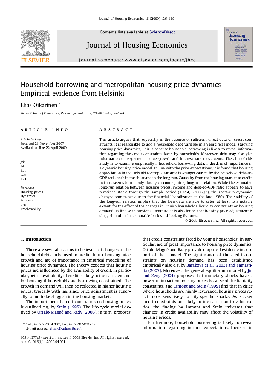 Household borrowing and metropolitan housing price dynamics – Empirical evidence from Helsinki