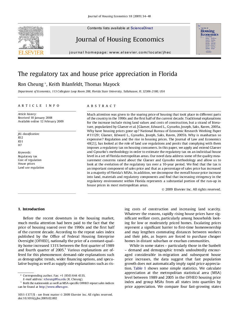 The regulatory tax and house price appreciation in Florida