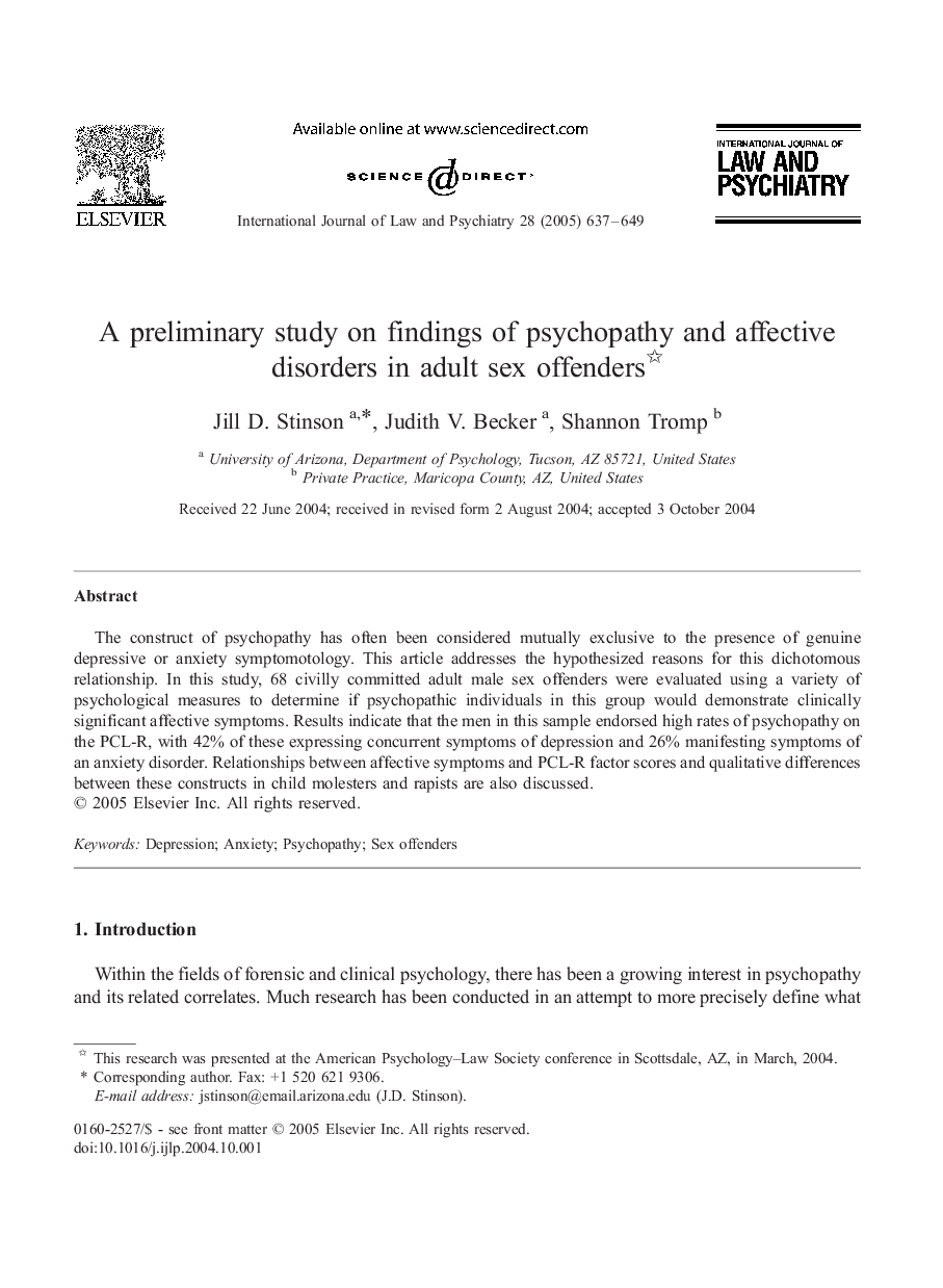A preliminary study on findings of psychopathy and affective disorders in adult sex offenders