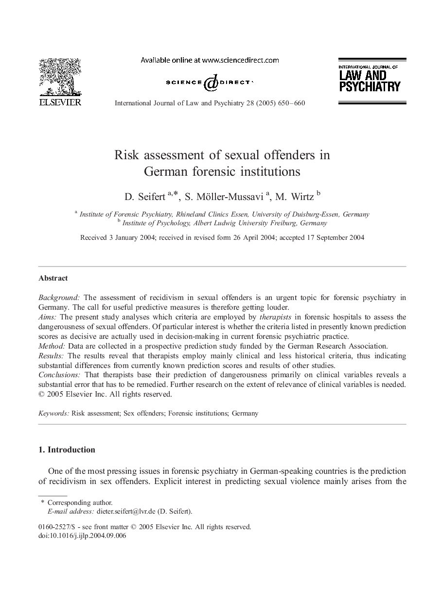 Risk assessment of sexual offenders in German forensic institutions