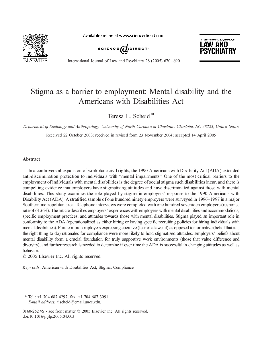 Stigma as a barrier to employment: Mental disability and the Americans with Disabilities Act