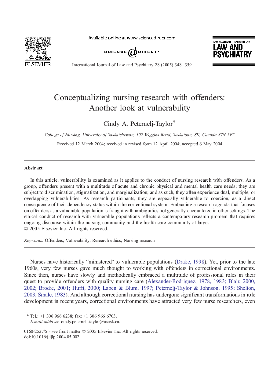 Conceptualizing nursing research with offenders: Another look at vulnerability