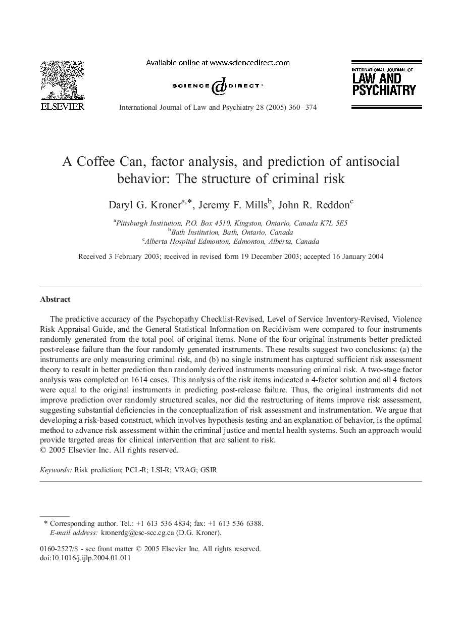 A Coffee Can, factor analysis, and prediction of antisocial behavior: The structure of criminal risk