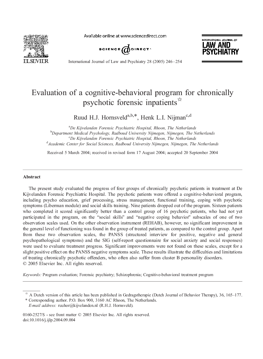 Evaluation of a cognitive-behavioral program for chronically psychotic forensic inpatients