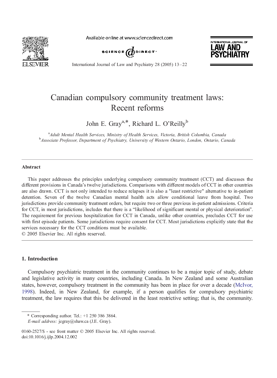 Canadian compulsory community treatment laws: Recent reforms