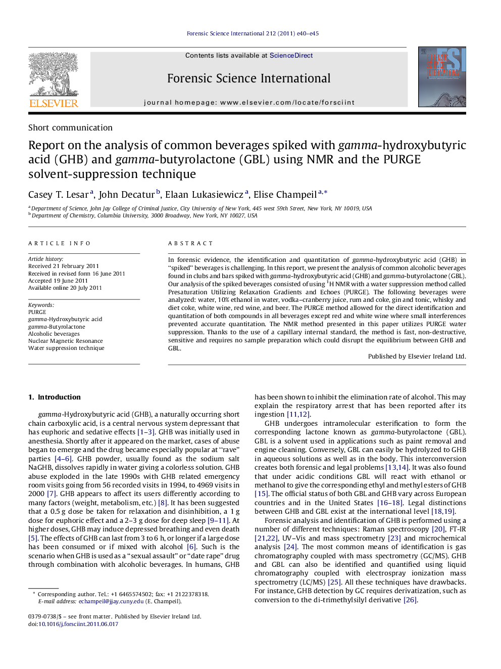 Report on the analysis of common beverages spiked with gamma-hydroxybutyric acid (GHB) and gamma-butyrolactone (GBL) using NMR and the PURGE solvent-suppression technique