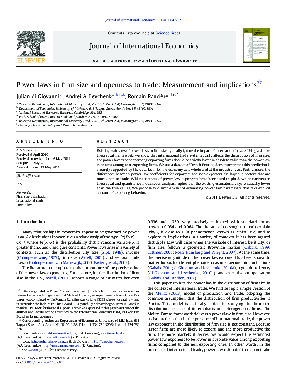 Power laws in firm size and openness to trade: Measurement and implications