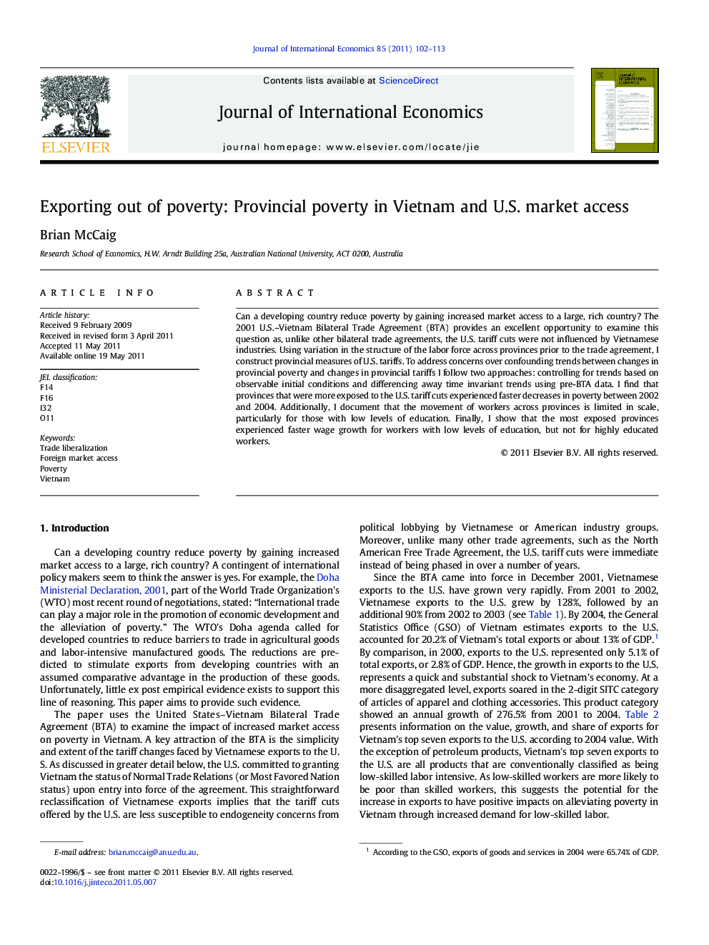 Exporting out of poverty: Provincial poverty in Vietnam and U.S. market access