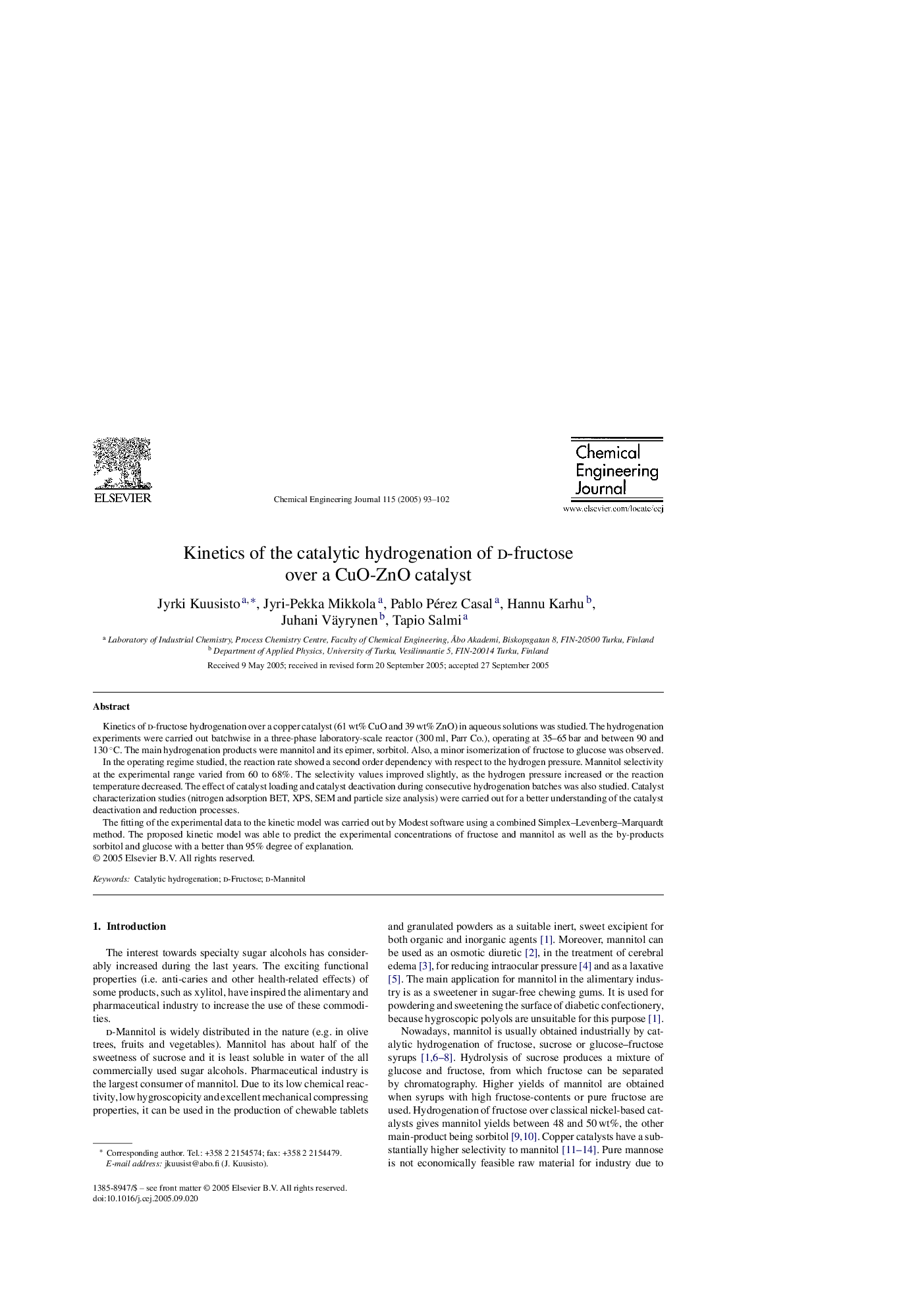 Kinetics of the catalytic hydrogenation of d-fructose over a CuO-ZnO catalyst