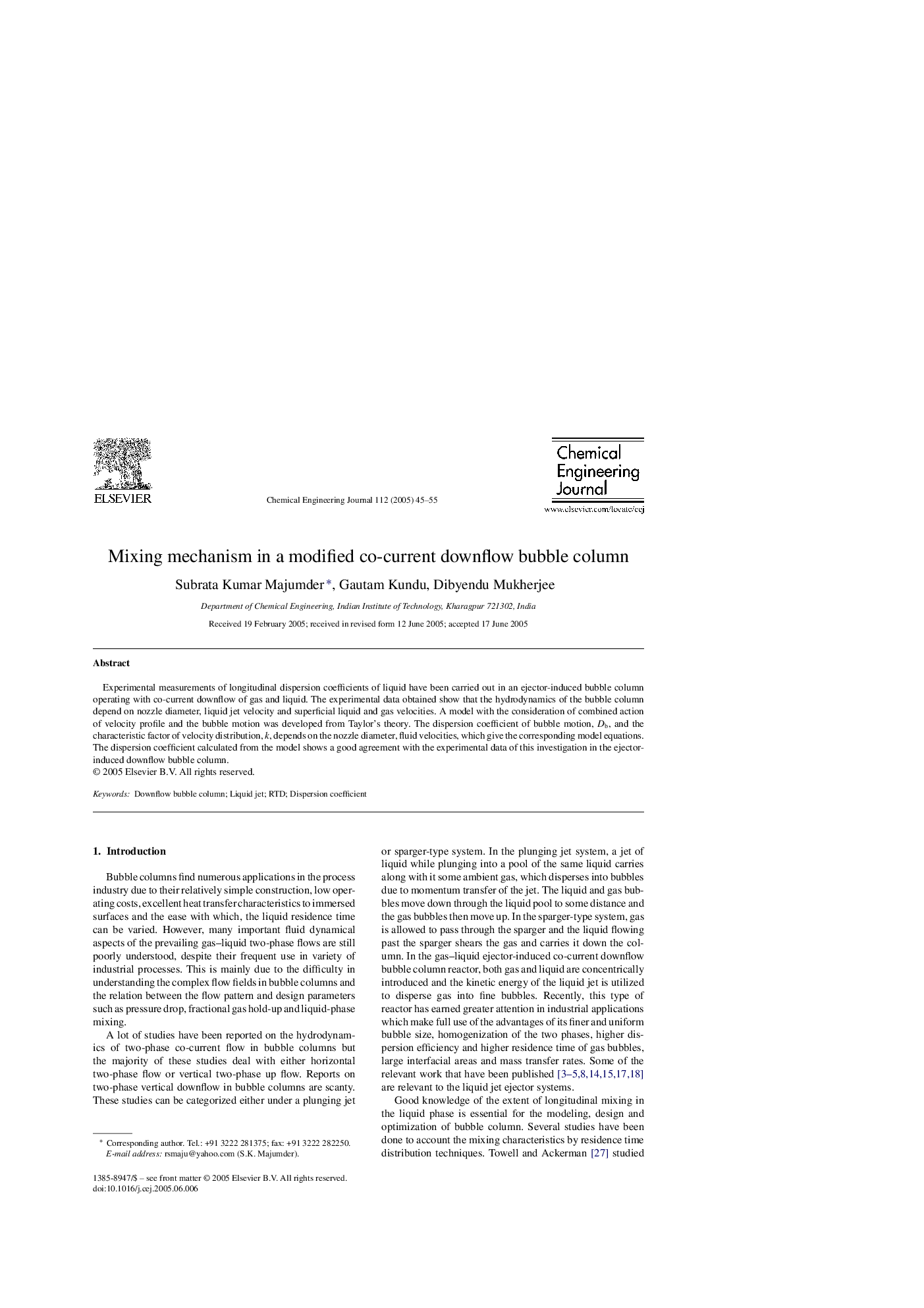 Mixing mechanism in a modified co-current downflow bubble column