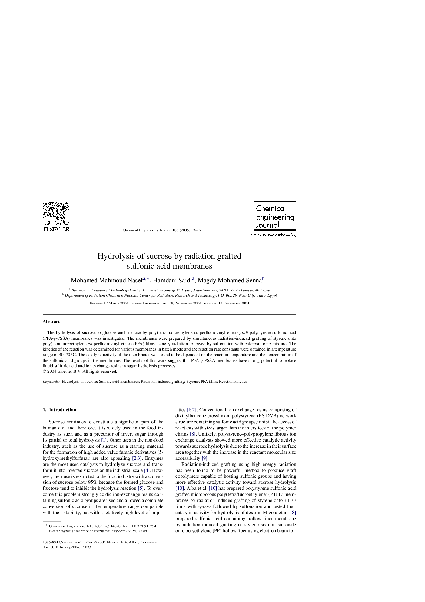 Hydrolysis of sucrose by radiation grafted sulfonic acid membranes