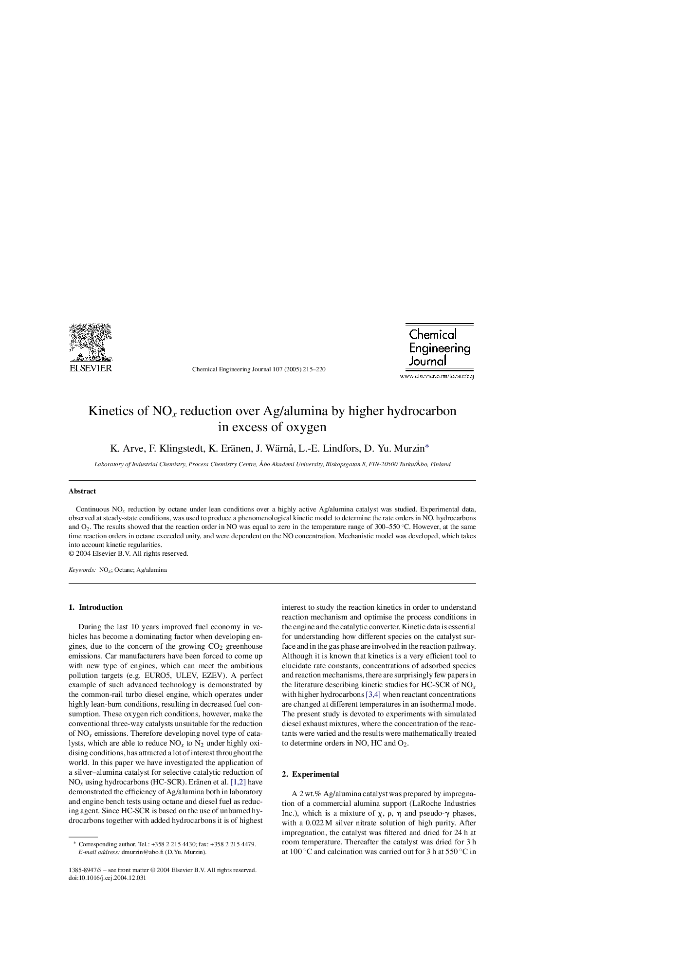 Kinetics of NOx reduction over Ag/alumina by higher hydrocarbon in excess of oxygen