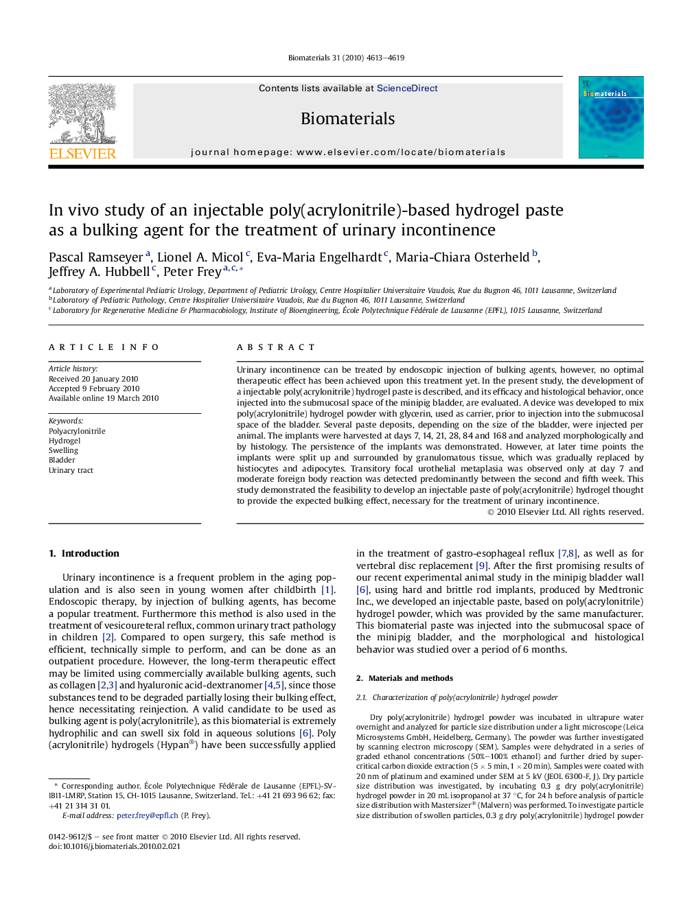 In vivo study of an injectable poly(acrylonitrile)-based hydrogel paste as a bulking agent for the treatment of urinary incontinence