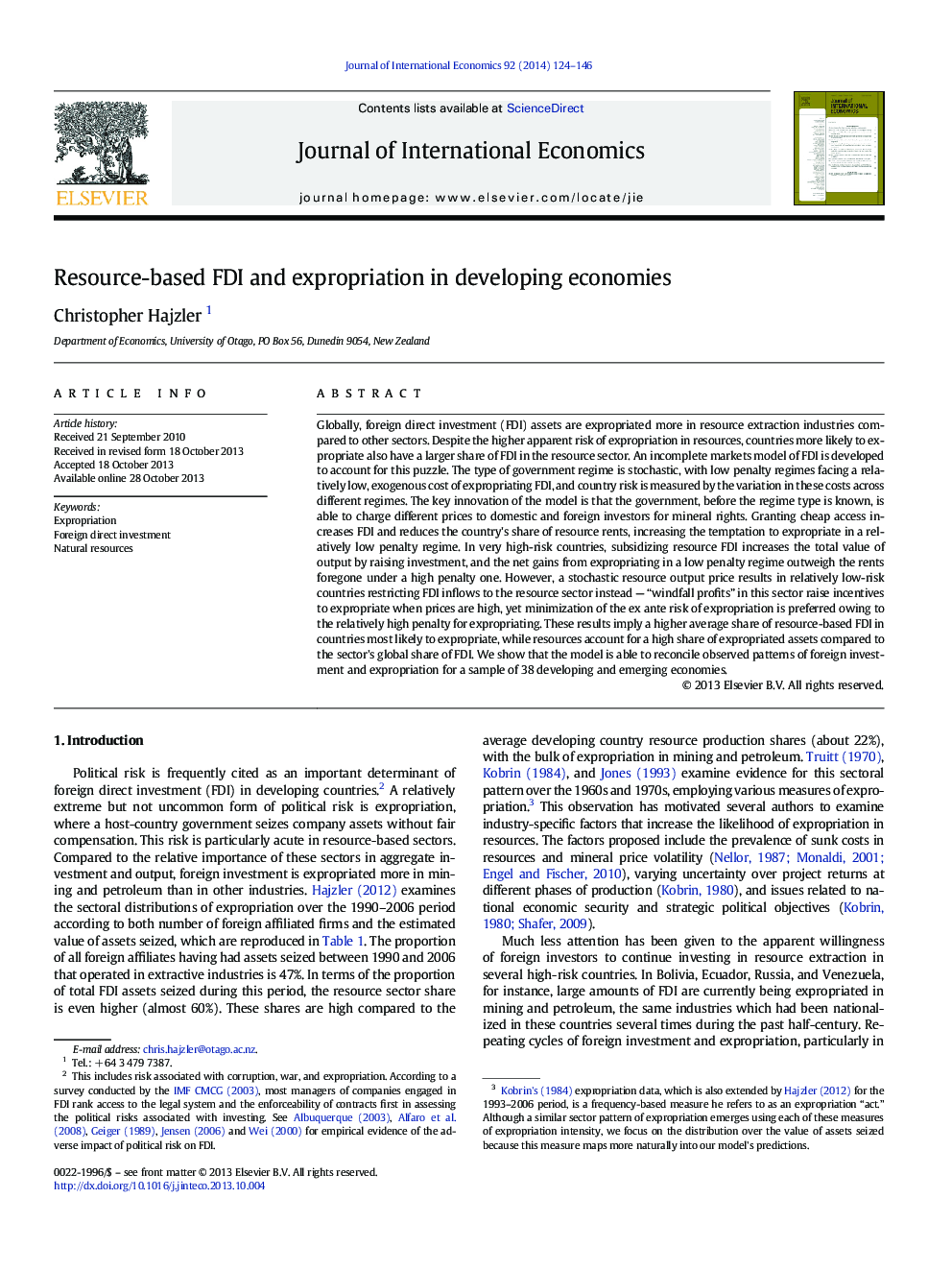 Resource-based FDI and expropriation in developing economies