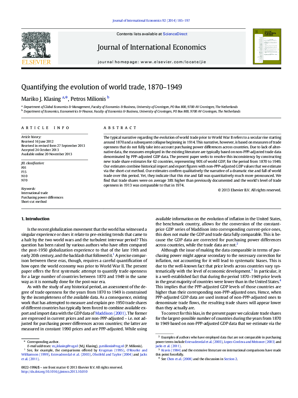 Quantifying the evolution of world trade, 1870-1949