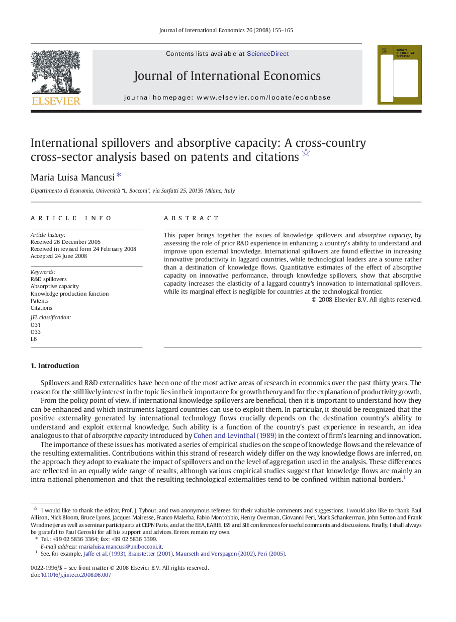 International spillovers and absorptive capacity: A cross-country cross-sector analysis based on patents and citations