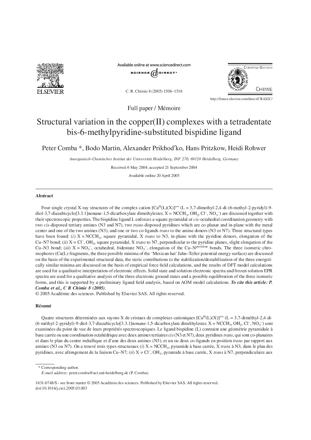 Structural variation in the copper(II) complexes with a tetradentate bis-6-methylpyridine-substituted bispidine ligand