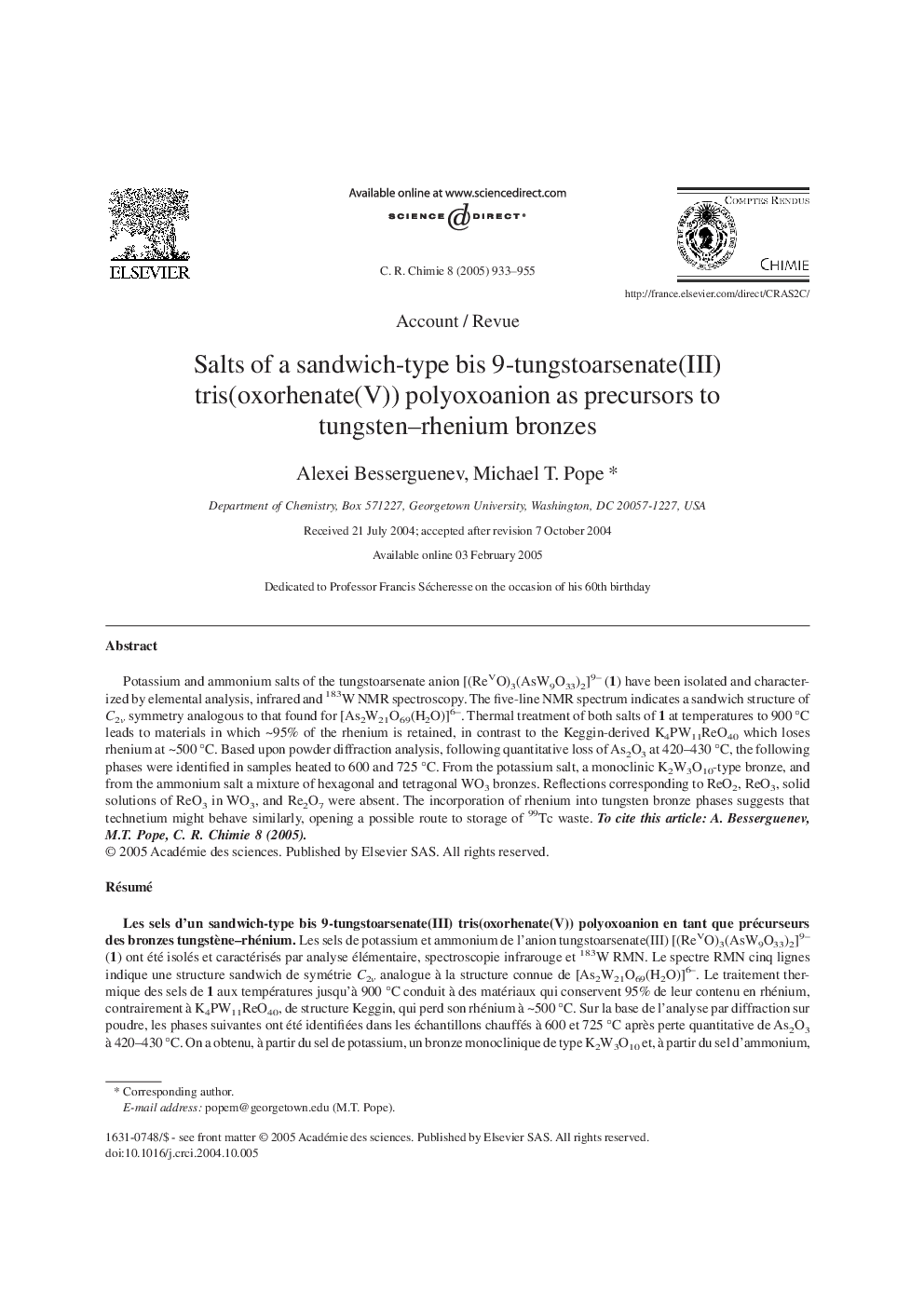 Salts of a sandwich-type bis 9-tungstoarsenate(III) tris(oxorhenate(V)) polyoxoanion as precursors to tungsten-rhenium bronzes