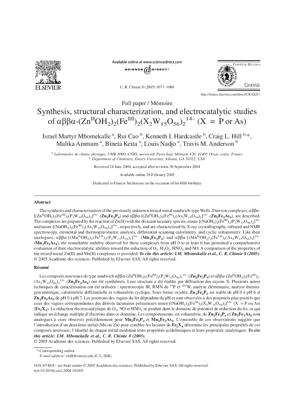 Synthesis, structural characterization, and electrocatalytic studies of Î±Î²Î²Î±-(ZnIIOH2)2(FeIII)2(X2W15O56)214- (XÂ  = Â P or As)