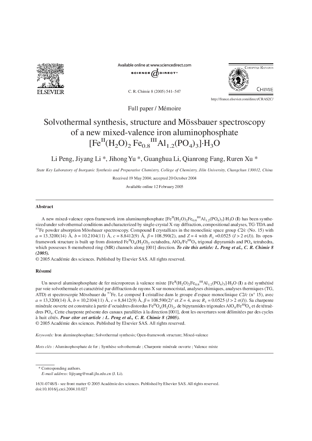 Solvothermal synthesis, structure and Mössbauer spectroscopy of a new mixed-valence iron aluminophosphate [FeII(H2O)2 Fe0.8IIIAl1.2(PO4)3]Â·H3O