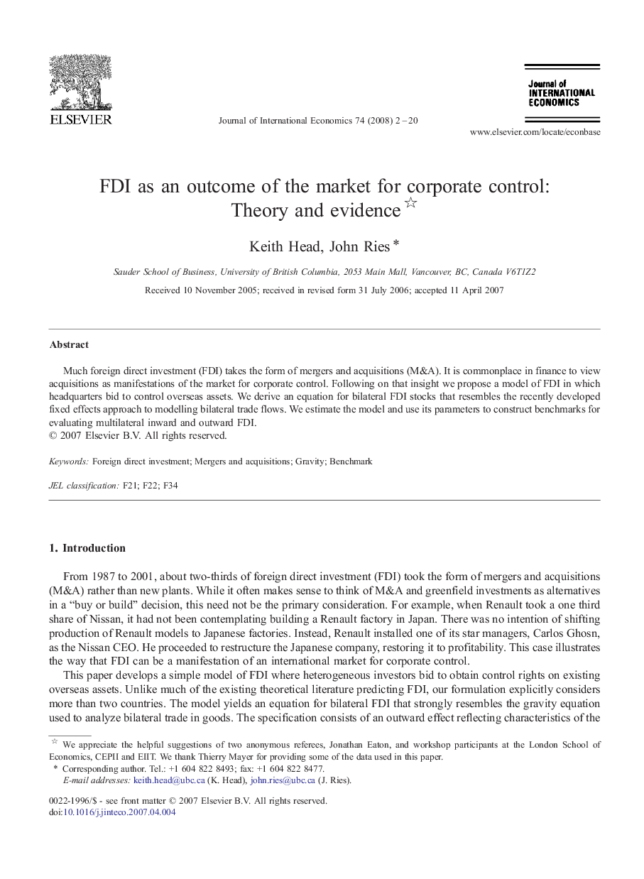 FDI as an outcome of the market for corporate control: Theory and evidence