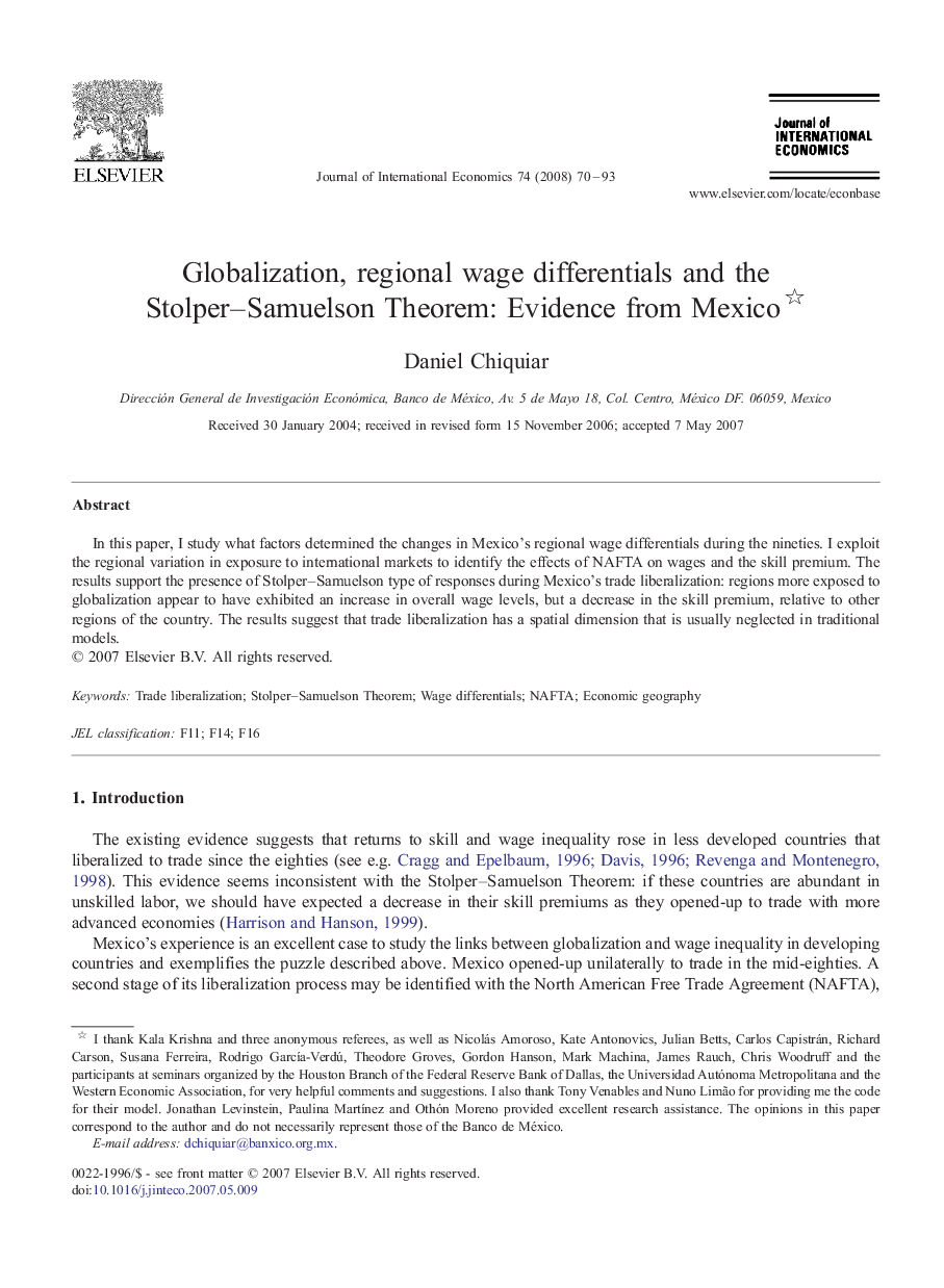 Globalization, regional wage differentials and the Stolper-Samuelson Theorem: Evidence from Mexico