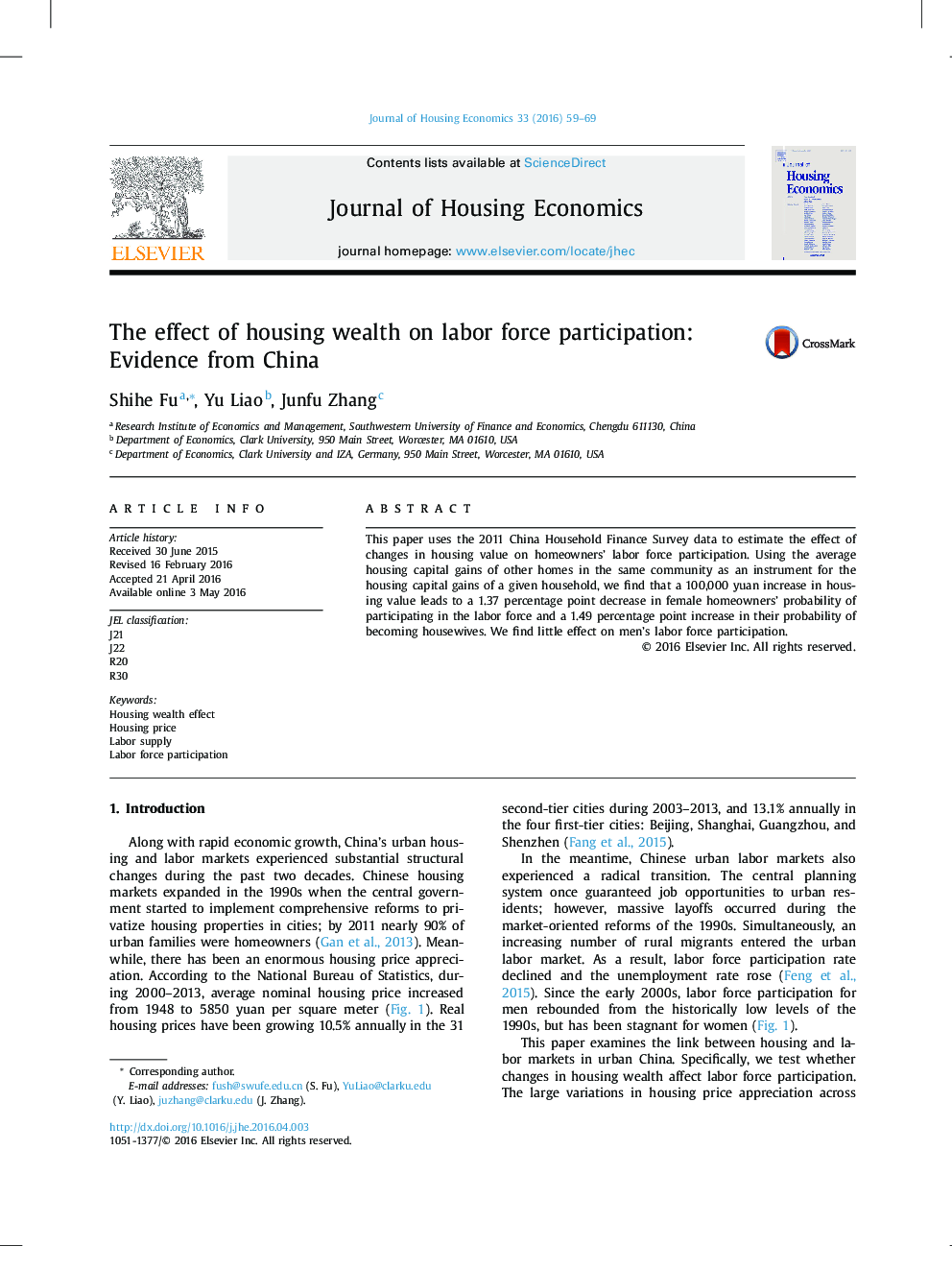 تأثیر ثروت مسکن در مشارکت نیروی کار: شواهد از چین 
