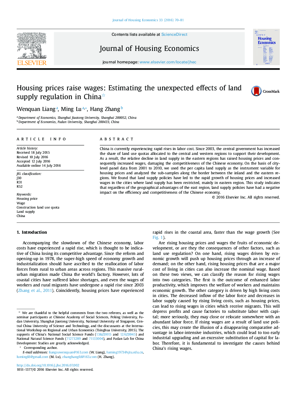 Housing prices raise wages: Estimating the unexpected effects of land supply regulation in China 