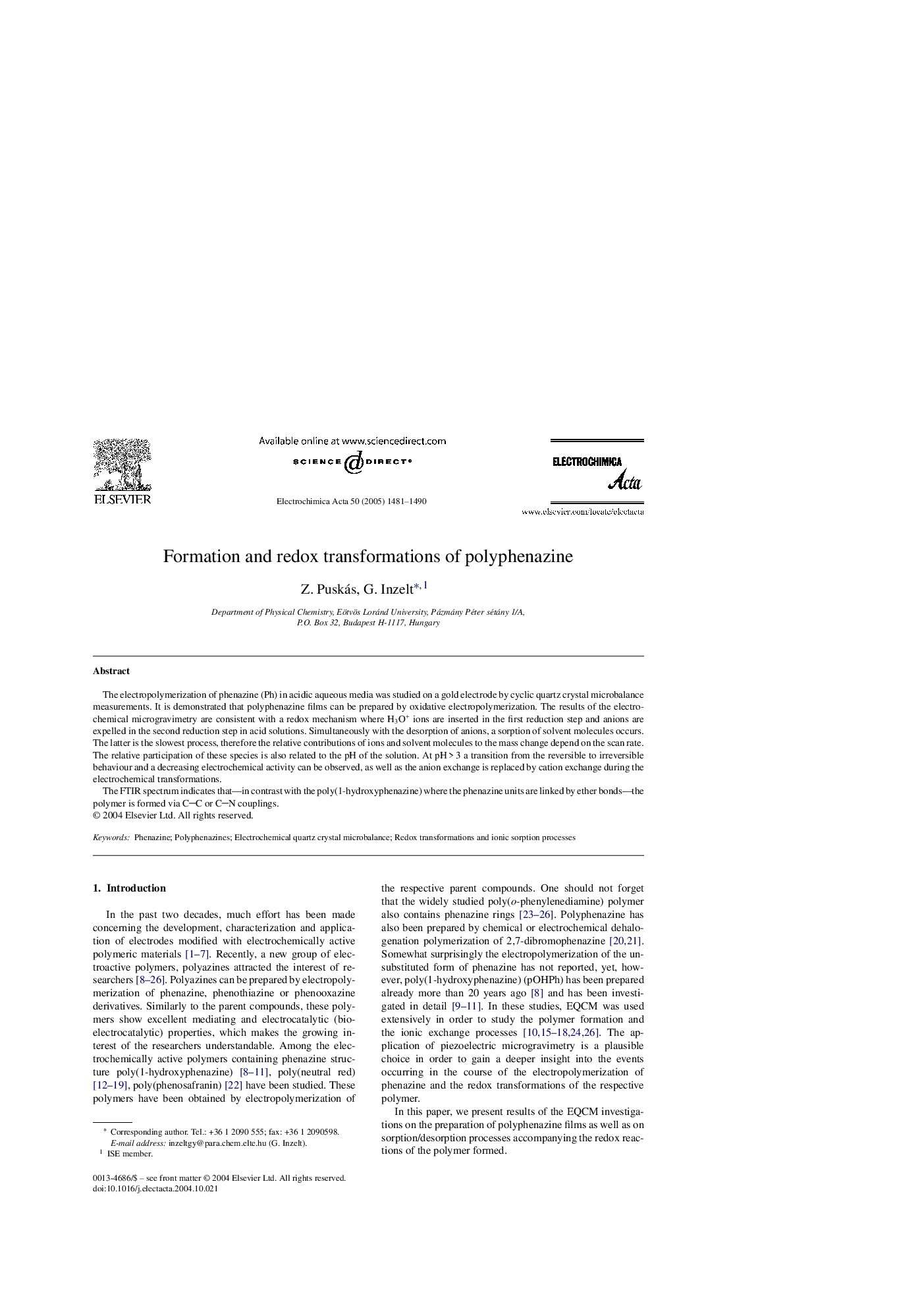 Formation and redox transformations of polyphenazine