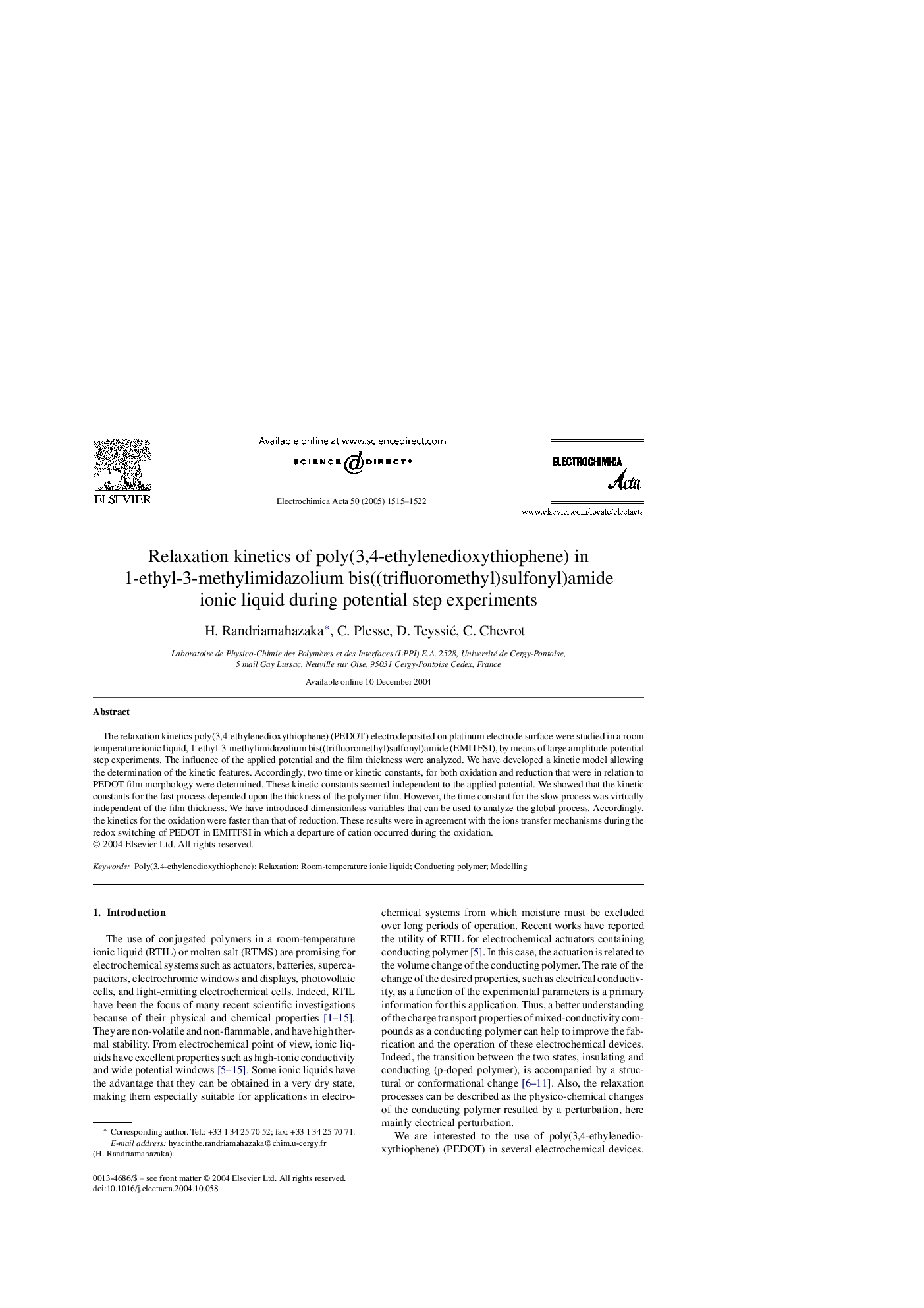 Relaxation kinetics of poly(3,4-ethylenedioxythiophene) in 1-ethyl-3-methylimidazolium bis((trifluoromethyl)sulfonyl)amide ionic liquid during potential step experiments