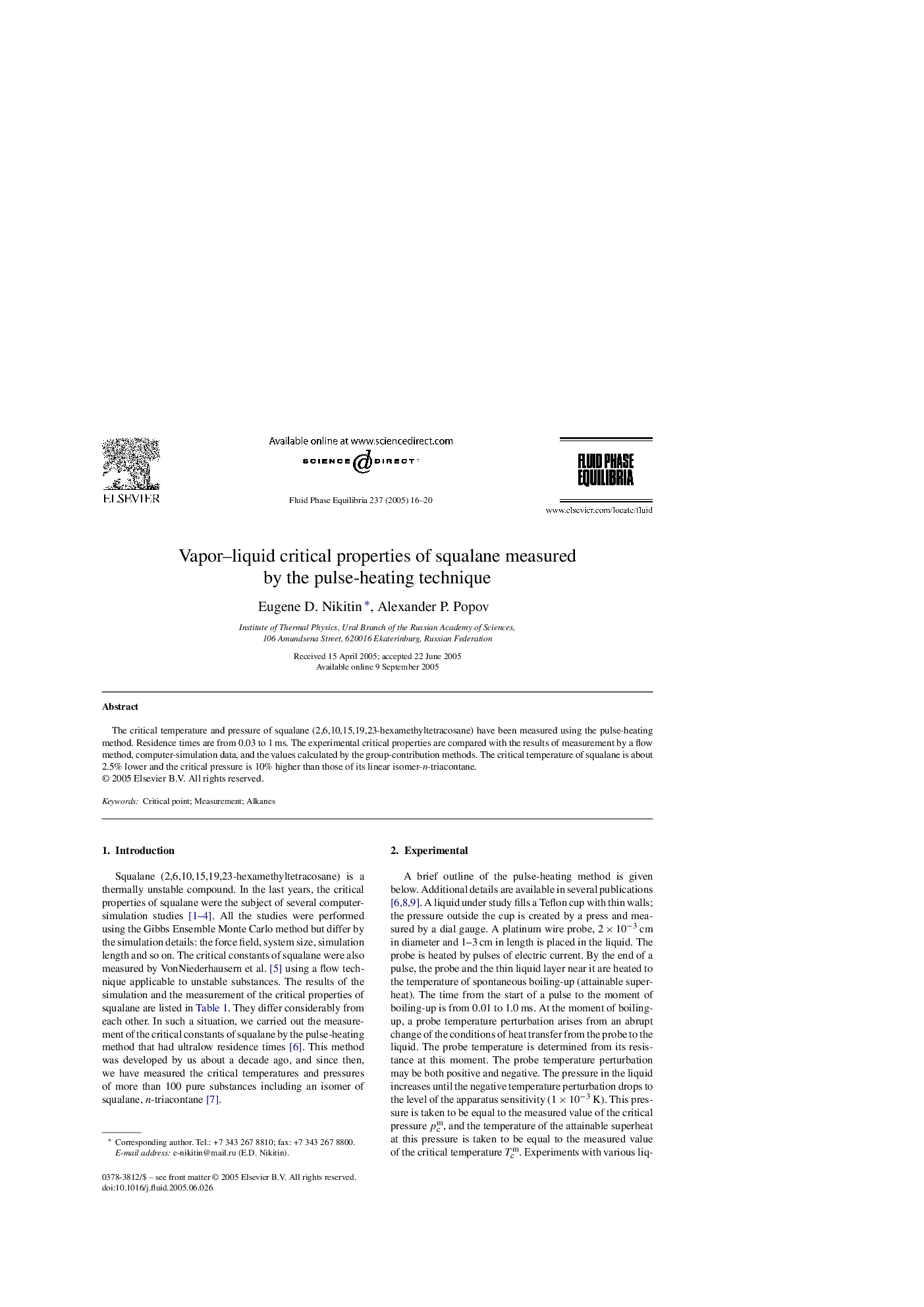 Vapor-liquid critical properties of squalane measured by the pulse-heating technique