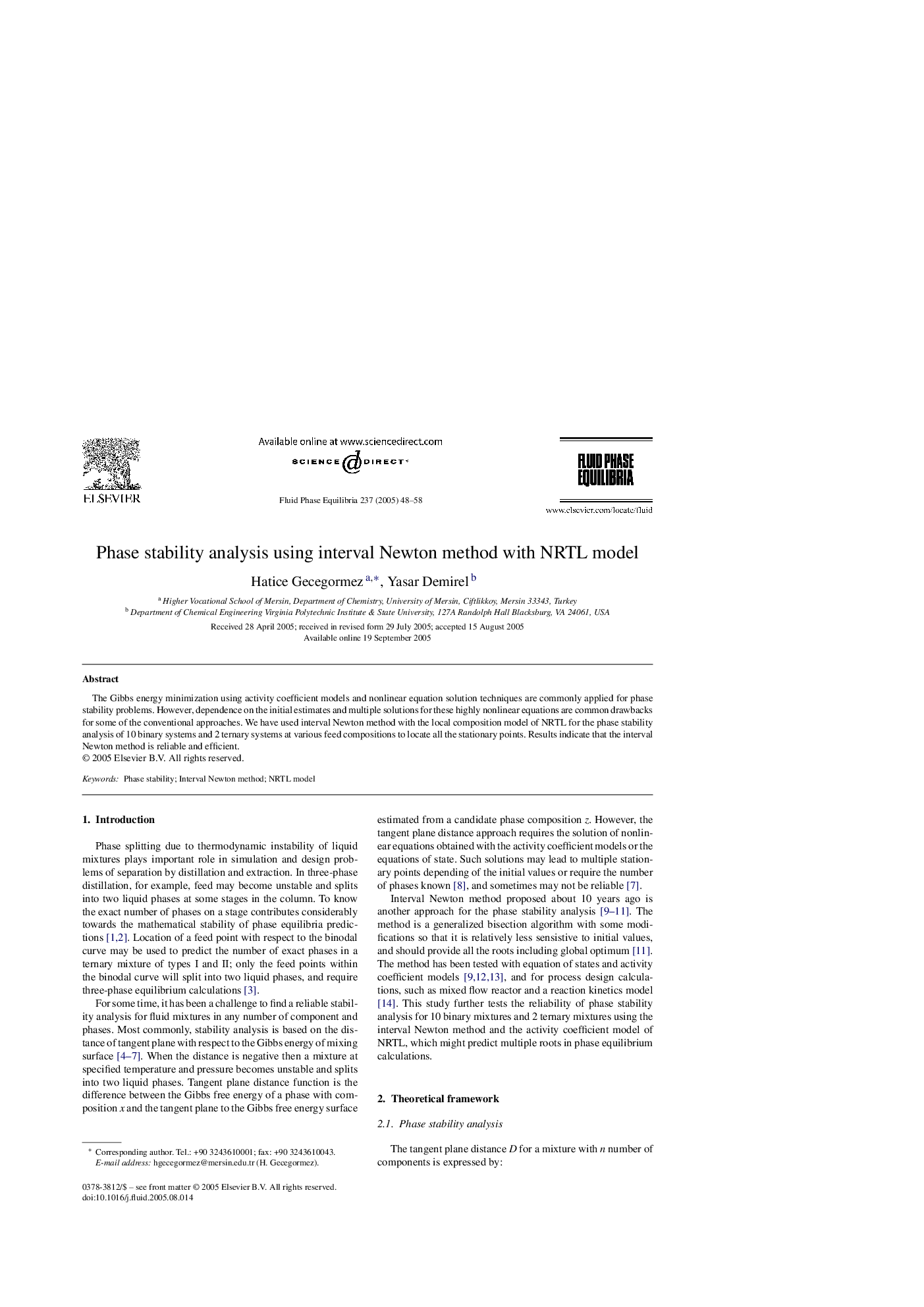 Phase stability analysis using interval Newton method with NRTL model